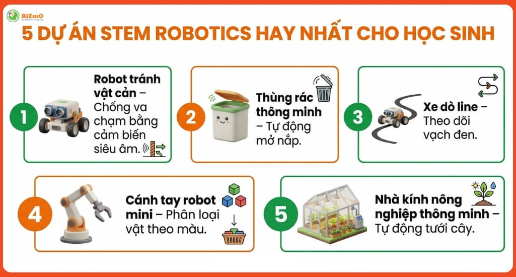 Khám Phá STEM Robotics Kits: Giải Pháp Đổi Mới Giáo Dục | BiZmO 3 5 dự án thực hành STEM Robotics Kits tiêu biểu cho học sinh từ tiểu học đến THPT: Robot tránh vật cản, Thùng rác thông minh, Xe dò line, Cánh tay robot mini & Nhà kính nông nghiệp thông minh