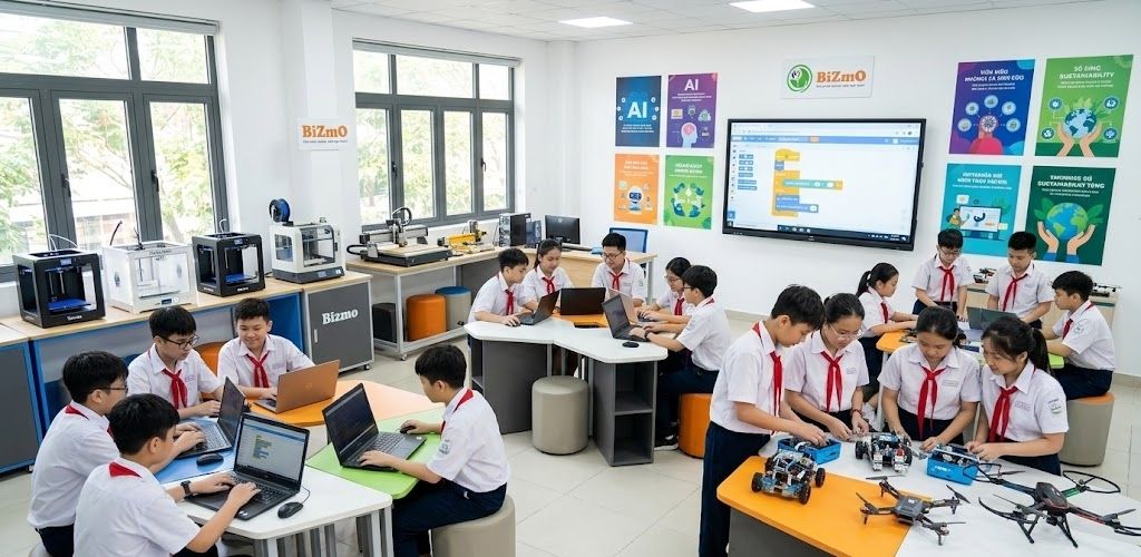 Vai Trò Giáo Dục STEM 2026: Lợi Ích & Triển Khai Phòng STEM 2 Ảnh học sinh học lập trình và thực hành lắp ráp robot