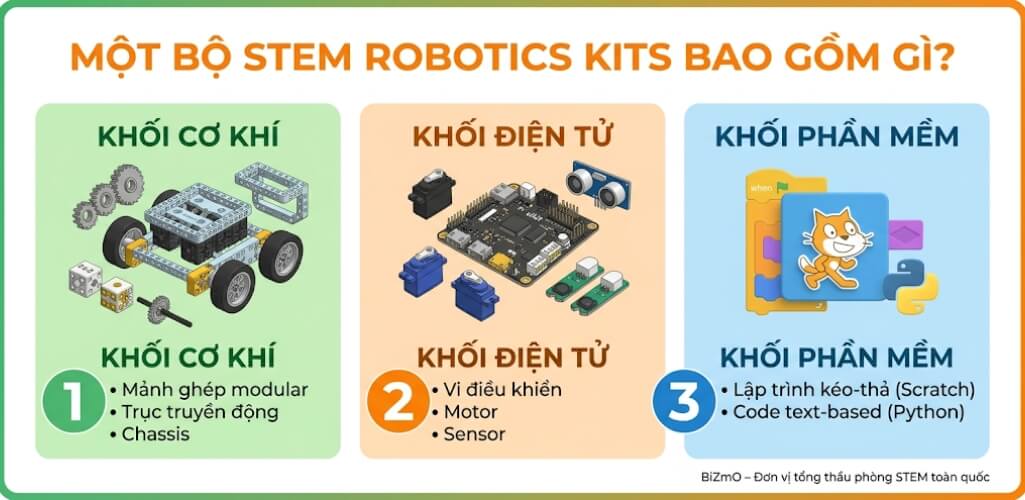Khám Phá STEM Robotics Kits: Giải Pháp Đổi Mới Giáo Dục | BiZmO 2 cấu tạo STEM Robotics Kits bao gồm khối cơ khí, điện tử và phần mềm – tài liệu tham khảo cho giáo viên và phụ huynh