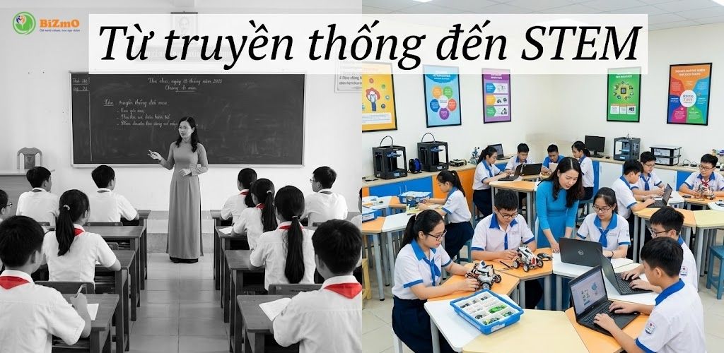 Vai Trò Giáo Dục STEM 2026: Lợi Ích & Triển Khai Phòng STEM 3 Hình ảnh so sánh 2 mô hình học tập