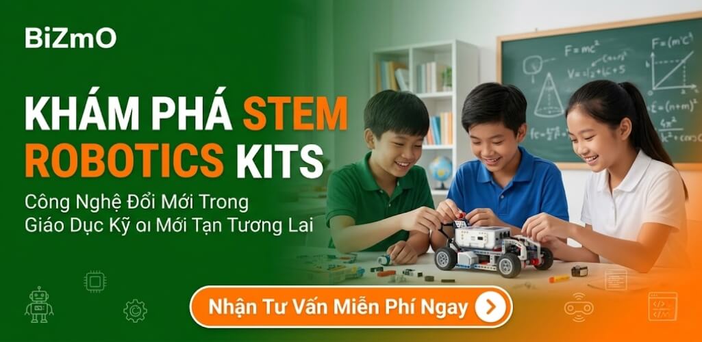 Khám Phá STEM Robotics Kits: Giải Pháp Đổi Mới Giáo Dục | BiZmO 1 STEM Robotics Kits – Học sinh đang lắp ráp robot trong phòng STEM hiện đại, BiZmO tư vấn miễn phí