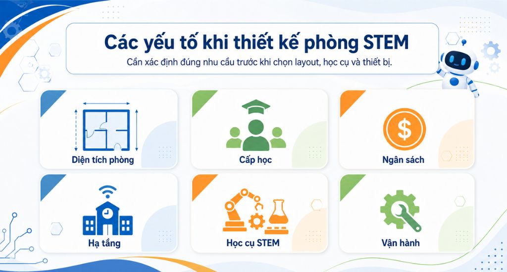Các yếu tố khi thiết kế phòng STEM gồm diện tích phòng, cấp học, ngân sách, hạ tầng, học cụ STEM và vận hành.