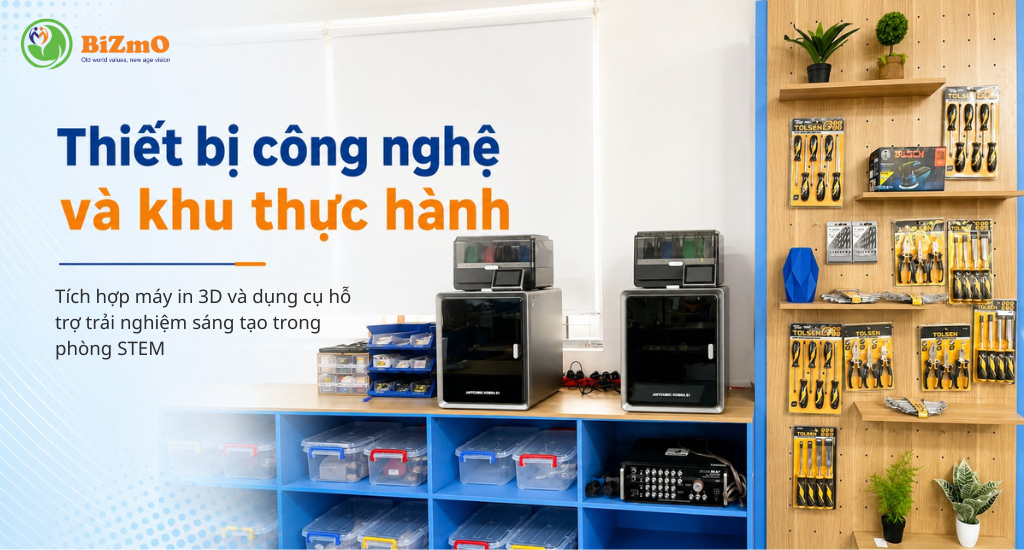 Máy in 3D và dụng cụ thực hành STEM hỗ trợ học sinh thiết kế, chế tạo mô hình và phát triển tư duy sáng tạo trong phòng STEM.