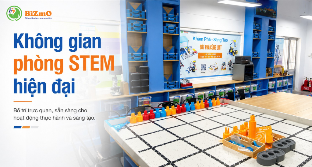 Phòng STEM BiZmO với học cụ, sa bàn thực hành và thiết bị hỗ trợ triển khai chương trình giáo dục STEM cho trường học.