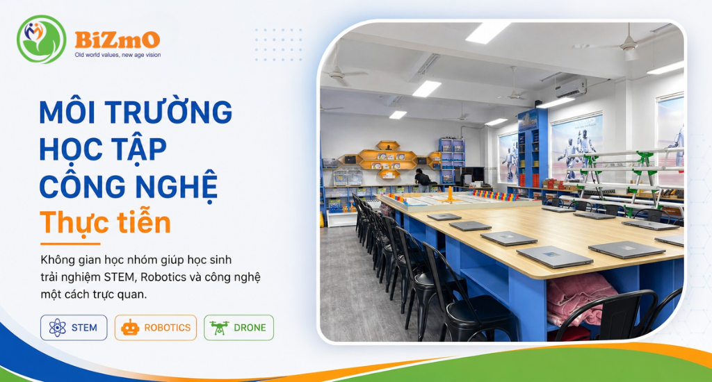 Phòng STEM BiZmO với không gian thực hành, học cụ và thiết bị hỗ trợ triển khai giải pháp giáo dục STEM cho trường học.