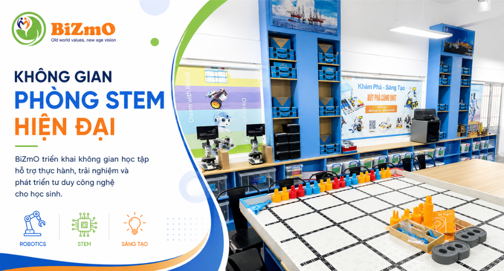 Thiết bị thực hành STEM, máy in 3D và dụng cụ chế tạo hỗ trợ học sinh phát triển tư duy sáng tạo trong phòng STEM.