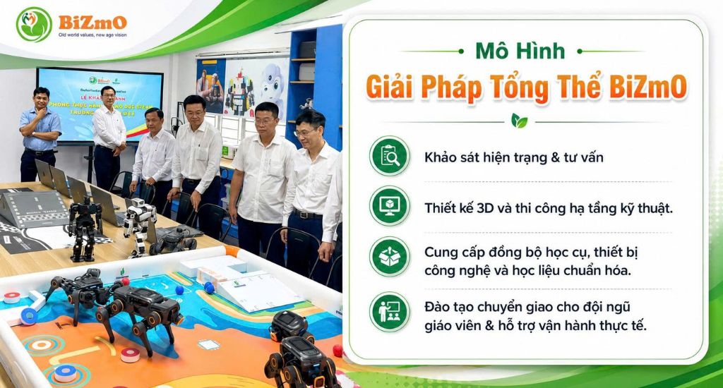 BiZmO tư vấn thiết kế phòng STEM với mô hình thực hành, thiết bị Robotics, học cụ và không gian triển khai phù hợp cho trường học.